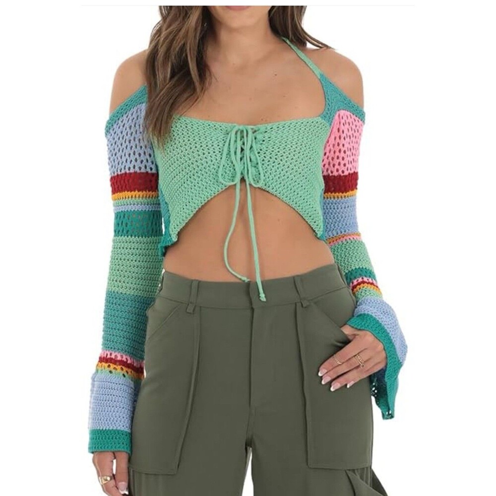 Crochet Tie-Front Cold-Shoulder Crop Top in Mint Multi
